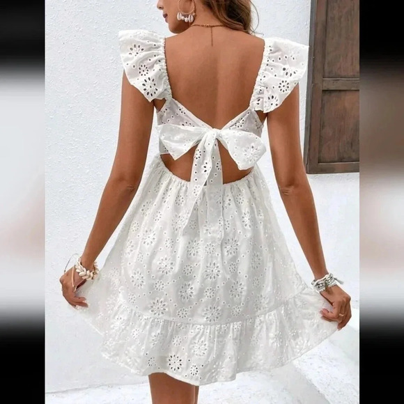 Solid Color Hollow Out & Embroidered Backless Strap Dress - Picture 1 of 6